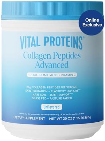 Vital Proteins Collagen Powder Supplement Hydrolyzed Peptides Powder with Hyaluronic Acid and Vitamin C, Unflavored, 20 oz