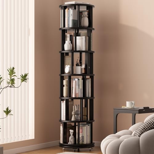 Solid Wood Rotating Bookshelf on Wheels, 6 Tier, Round Revolving Bookcase, 360Â° Spinning Book Shelf Tower for Kids, Narrow Rolling Bookshelves for Small Space, Corner, Bedroom, Office, Black