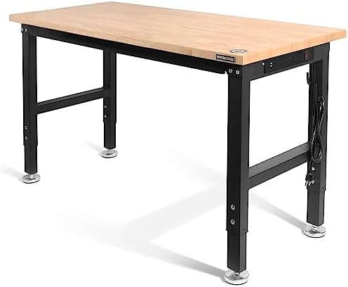 WORKPRO 48" Adjustable Workbench, Rubber Wood Top Heavy-Duty Workstation, 2000 LBS Load Capacity Hardwood Worktable with Power Outlets, for Workshop, Garage, Office, Home