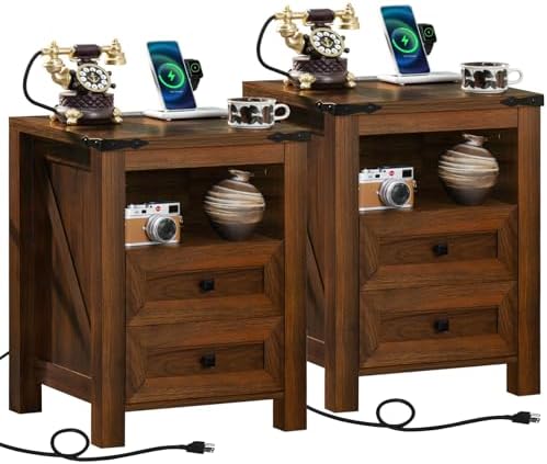 Nightstands Set of 2 with Charging Station, Farmhouse Side End Table with 2 Drawers and Open Shelf, Wood Rustic Sofa Table, Bedside Cabinet for Bedroom, Living Room, Closet, Office(Brown)
