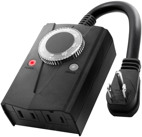 Brightown Outdoor Light Sensor Timer Waterproof, Mechanical Plug in Timer Switch, Outdoor Light Timer for Electrical Outlets, 2 Grounded Electrical Outlets for Christmas String Lights, Lighting Decor