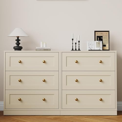 RoyalCraft Beige 3 Drawer Nightstand Set of 2, Large Bedside Table with Golden Round Knobs, Modern Wood End Table for Living Room, Accent Side Table Chest of Drawers for Bedroom, Hallway, Closet