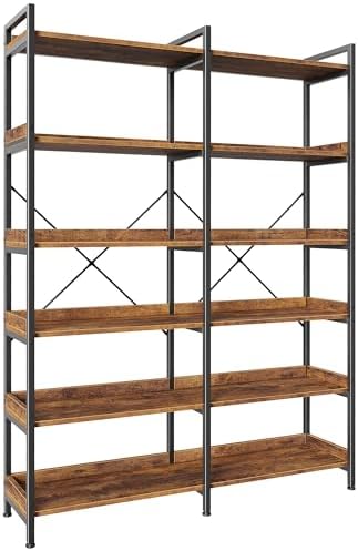 Huuger 6 Tier Bookshelf, Corner Bookshelf with 12 Open Shelves and Raised Baffle, 47.2 Inch Straight Wide Bookcase with Metal Frame and Wooden Board, Adjustable Feet, Rustic Brown