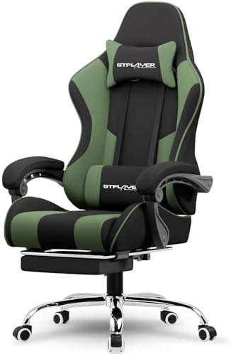 GTPLAYER Gaming Chair, Computer Chair with Footrest and Lumbar Support, Height Adjustable Game Chair with 360°-Swivel Seat and Headrest and for Office or Gaming (Green, Fabric)