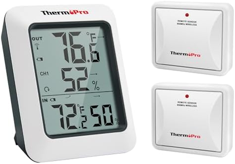 ThermoPro TP60-2 Digital Hygrometer Indoor Outdoor Thermometer Wireless Temperature and Humidity Gauge Monitor Room Thermometer with 500ft/150m Range Humidity Meter