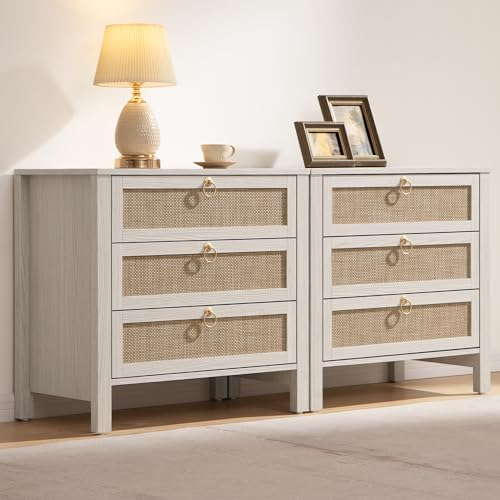 SICOTAS White Nightstand Set 2 with Drawers - Large Rattan Bedside Table with Golden Handle, 3 Drawers Night Stand Tall End Table 26.78" Wide Side Table Boho Nightstand for Bedroom