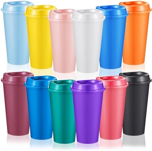 12 Pcs Reusable Coffee Cups with Lids 16 oz Travel Hot Cups Microwavable Plastic Tumblers Coffee Mugs for Hot and Cold Drinks(Bright Colors,12 Pcs)