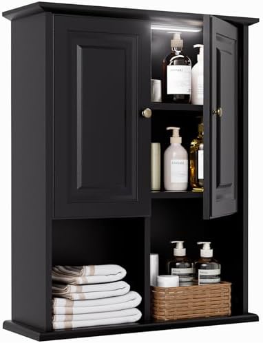 HAIOOU Bathroom Wall Cabinet with Motion Sensor LED Light, Wooden Medicine Cabinet Wall Mounted Cupboard, Over Toilet Storage Cabinet with Buffering Hinges and Adjustable Shelf - Black