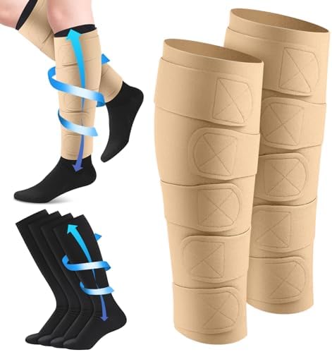 3 Pairs Lymphedema Compression Leg Wraps Kit 20-30 Mmhg Medical Shin Splint Wrap with Compression Socks