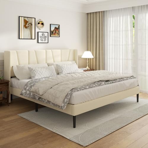 King Bed Frame with Headboard and Wingback, Velvet Upholstered Platform Bed, Mattress Foundation with Wooden Slat Support, No Box Spring Needed, Easy Assembly, Noise Free, Beige