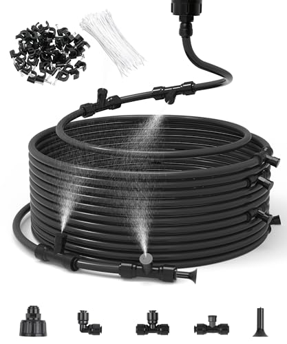 75FT Misters for Outside Patio Misters for Cooling (27 Mist Nozzles) Outdoor Water Patio Hose Greenhouse Mister System Outside Mist Backyard Trampoline for Waterpark Watering Misters for Cooling