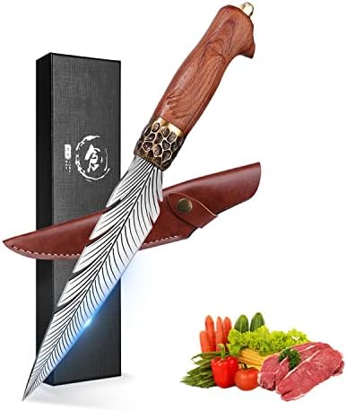ROCOCO Feather Viking Knife Japanese Forged in Fire Boning Knife Fancy Kitchen Cleaver with Sheath Outdoor Camping BBQ Collection Birthday Thanksgiving Christmas Father Mother Gift 7"
