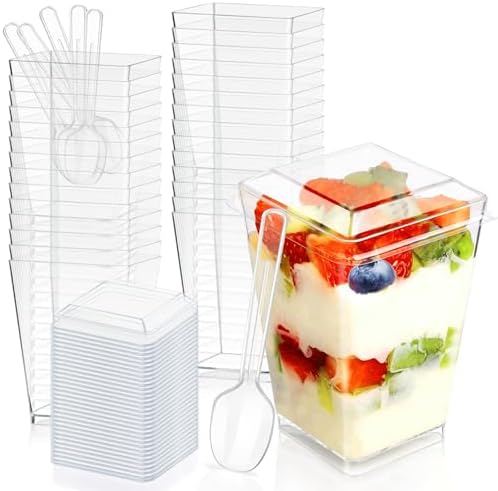 50 Pack 5oz Plastic Dessert Cups with Lids and Spoons