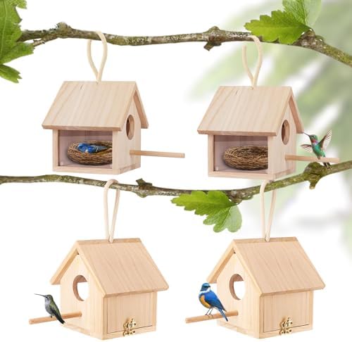 Bird Houses for Outside Clearance with Pole, Wood Birdhouse Blue Transparent Outdoor Bird Houses for Hanging Garden Birdhouse Clearance for Finch Swallow Sparrow Hummingbird Throstle