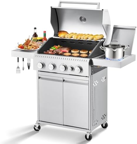 MELLCOM Stainless Steel 4 Burner BBQ Propane Gas Grill with Cast Iron Grates & Side Stove, Stainless Steel 44000 BTU Burner Barbecue Grill for Patio,Camping, Outdoor Cooking