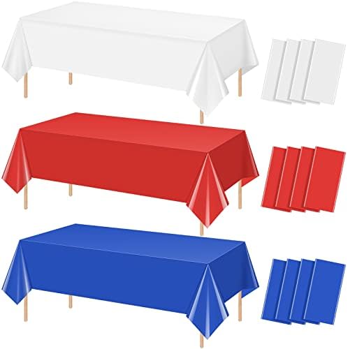 12 Pack 4th of July Tablecloths, Red White and Blue Disposable Plastic Tablecloth, Rectangle Table Cover for Patriotic Independence Day Memorial Day Veterans Day Party Decorations, 54 x 108 Inch