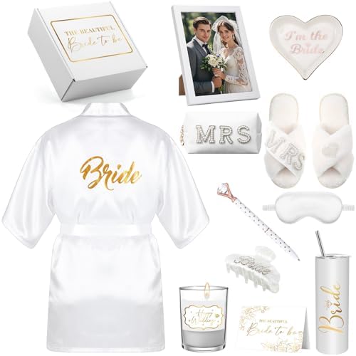 12 Pieces Bride To Be Gifts Set Bride Robe Slippers Hair Clip Cosmetic Bag Bride Gift Box Cup Photo Frame Jewelry Tray Pen Eye Mask Bride Gifts for Wedding Bachelorette Party Bridal Shower