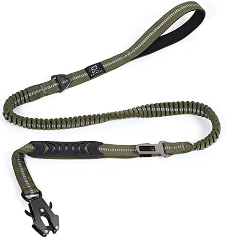 Raipult Tactical Heavy Duty Dog Leash,4-6FT Strong Bungee Dog Leashes with Frog Clip & Car Seatbelt，Reflective Walking Lead with 2 Handles for Medium Large Dogs,Green