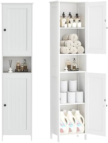 Tall Bathroom Storage Cabinet with 2 Doors, 67"H Narrow Storage Cabinet with Adjustable Shelves& Anti-Tip Design, Reversible Door Installation, Easy Assembly, 11.8 x 15.7 x 66.9 Inches, White