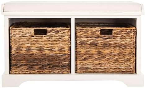 SAFAVIEH Home Collection Freddy Vintage White/ Wicker Basket 2-Drawer Storage Bench with Cushion (Fully Assembled)
