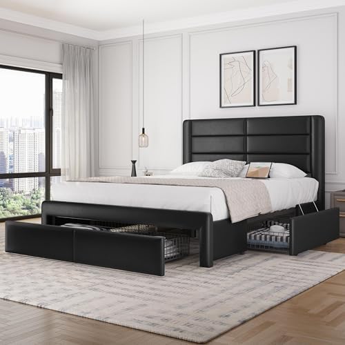 Yaheetech Queen Size Bed Frame with Headboard/2 USB Charging Station/Port for Type A&Type C/3 Storage Drawers/Solid Wood Slat Support/No Box Spring Needed/Black