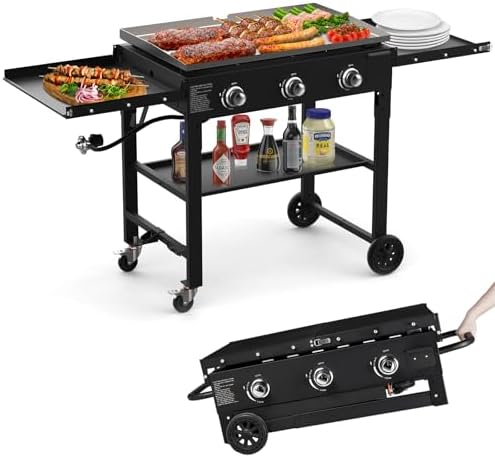 Foldable Flat Top Grill, Outdoor Griddle-3 Burner Propane Griddle with Two Foldable Shelves,36" Flat Grills Outdoor-45,000 BTU Gas Grill for BBQ& Outdoor Cooking,Black