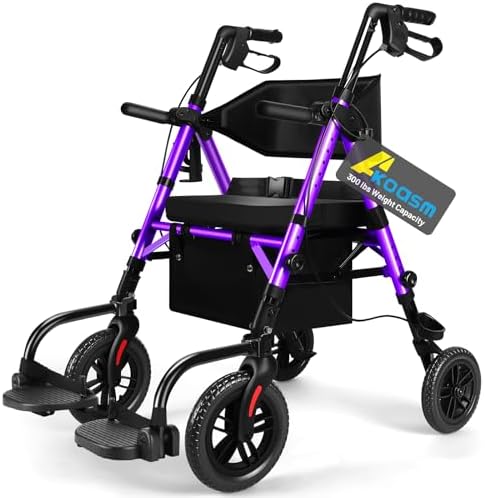 Foldable Rollator Walker for Seniors with Seat, Lightweight 2 in 1 Rolling Walkers Wheelchair Combo for Adult, Transport Chair with Brakes, Adjustable Seat and Handle, 300 Lb. Weight Capacity, Purple
