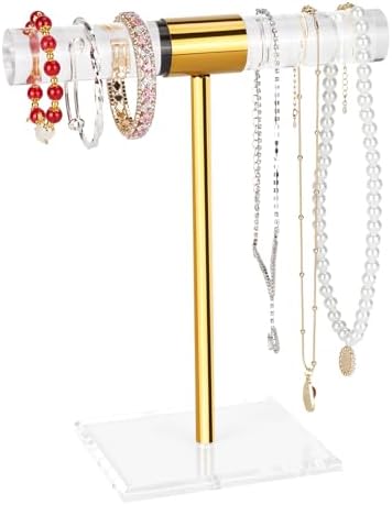 Necklace Holder Bracelet Holder, Gold Acrylic Jewelry Display Stand Crystal T Bar Jewelry Organizer Gift for Women(1-Tier 1pc)