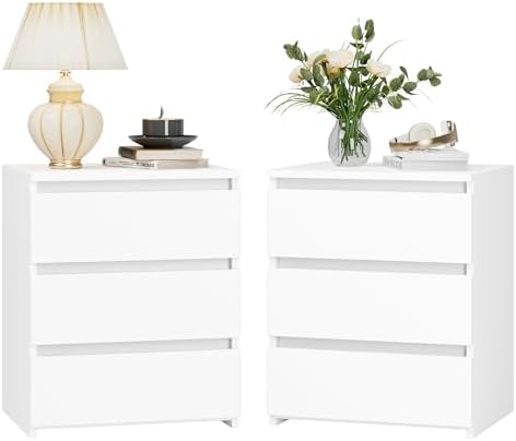 FOTOSOK Nightstand Set of 2 White Nightstand with 3 Drawers, White Bedside Table Night Stand for Bedroom with Cut-Out Handle, Sofa Side Table 3 Drawer Nightstand for Bedroom, 17.7W*15D*21.7H