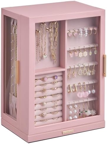 360° Rotating Jewelry Box with 7 Drawers, Spacious Vertical Jewelry Organizer with Glass Window, Jewelry Storage Case, Dustproof & Moisture-resistant Design, Pink