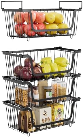 4 Pcs Stackable Wire Baskets for Pantry Organizers and Storage,Kitchen Storage Metal Baskets,Produce Potato Onion Storage Bin,Vegetable Fruit Basket for Countertop,Black