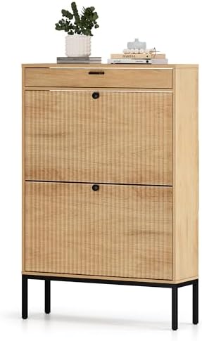 XIAO WEI Shoe Cabinet, Shoe Storage Organizer Cabinet with 2 Flip Wavy Line Drawers, Freestanding Shoe Rack with Adjustable Shelf for Entryway, QH242-1