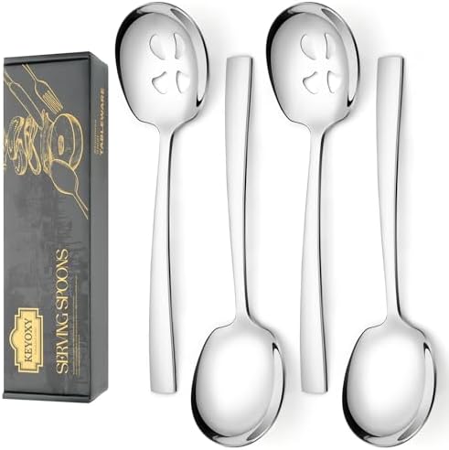 4 Piece Stainless Steel Serving Spoon Set - 2 Large Spoons, 2 Slotted, Dishwasher Safe, 9.2-Inch