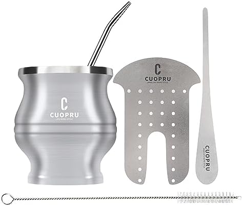 Yerba Mate Cup - Mate Gourd Set Includes Double Walled Stainless Steel Tea Cup, Tea Shaper set, Bombilla Straws, Cleaning Brush (Silver)