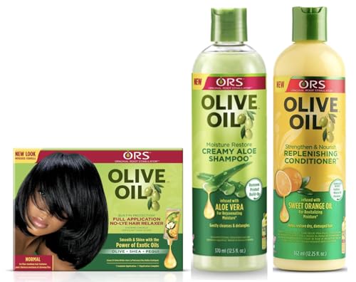 ORS Olive Oil Built-In Protection Full Application No-Lye Hair Relaxer - Normal, Moisture Restore Creamy Aloe Shampoo, Strengthen & Nourish Replenishing Conditioner - Bundle