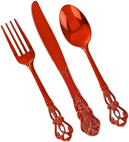 150PCS Red Plastic Silverware - Elegant Disposable Utensils - Heavy Duty Vintage Red Cutlery Sets Includes 50Forks, 50Spoons, 50Knives for Catering Dinner Christmas Party Wedding