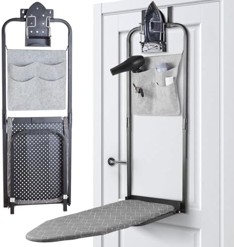 Over The Door Ironing Board 14x42 inches with Iron Holder and Pocket Storage Bag, Hanging Iron Board for Home Laundry Room, Black