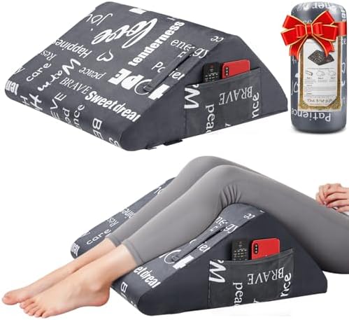 Knee Pillow for Back Sleeping, Leg Wedge Pillows Memory Foam for Legs Post Surgery, Triangle Pillow for Knee Support, Leg Elevation, Knees Hip Back Pain Relief, with Removable Cover and 2 Side Pockets