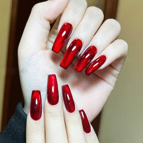 Wine Red Press on Nails Medium Coffin Fake Nails Gradient Design False Nails Shiny Acrylic Nails Full Cover Stick on Nails Christmas Press on Nails for Women Valentine's Day Xmas Manicure