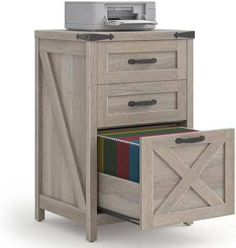 3 Drawer Small File Cabinet, Farmhouse Vertical Filing Cabinet Fits Letter and A4 Size, Under Desk Wooden File Cabinets for Home Office, Printer Stand, Grey