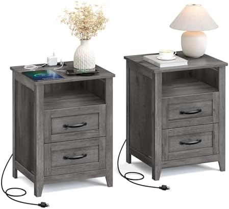 VASAGLE LIRY Collection - Farmhouse Nightstands with Charging Station, Set of 2 Bedside Tables, Side Tables with 2 Drawers, Open Compartment, for Bedroom, Misty Gray ULET869G01