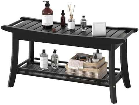 Bamboo Shower Bench Chair Bathroom Shower Stool Seat for Inside Shower Bathtub with Storage Shelf Shower Foot Rest for Shaving Legs 39 x 13 x 19.2 Inches Black