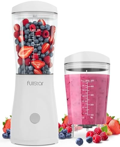Fullstar Portable Blender for Smoothies and Shakes – 15 oz Mini Personal Travel Blender with Sipper Lid, Compact Smoothie Maker for Office, Home, and Kitchen (White)