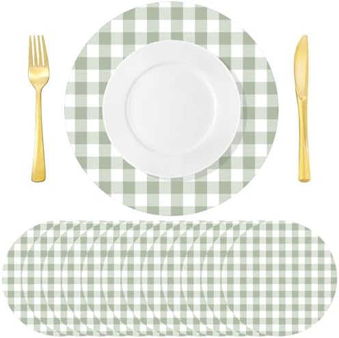 60 Pcs Green and White Gingham Disposable Paper Placemats Round Table Place Mat Summer Checkered Decorative Paper for Baby Shower Wedding Birthday Party Dinner Table Decor