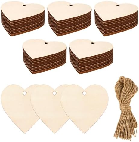 50 Pcs 3 Inch Natural Heart Wood Slices DIY Wooden Ornaments Unfinished Wooden Heart Embellishments with Natural Twine for Valentine's Day, Wedding, Thanksgiving, Home Decoration, Christmas