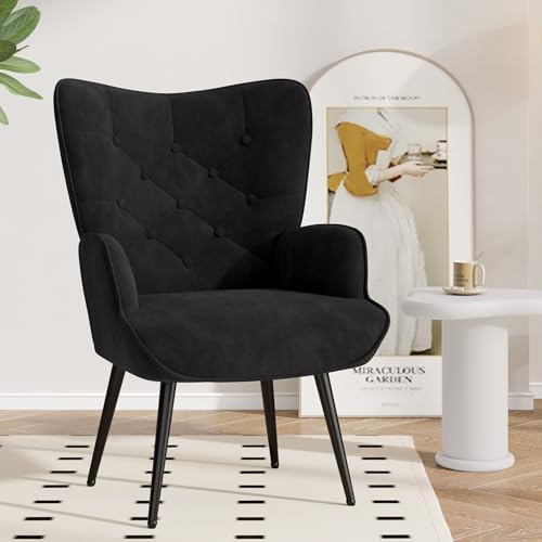 Nalupatio Mid Century Modern Accent Chair, Velvet Upholstered Armchair with Metal Legs, Tufted Button Wingback Side Chair, High Back Reading Chair for Living Room Bedroom, Black