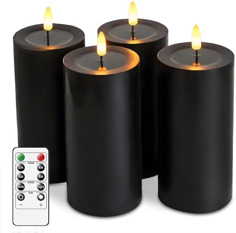 4 Packs Flameless Candles, Black Battery Operated Candles, Black Halloween LED Candles, Real Wax Flickering Candlelights with Remote for Home Fall Halloween Christmas Party Candelabra