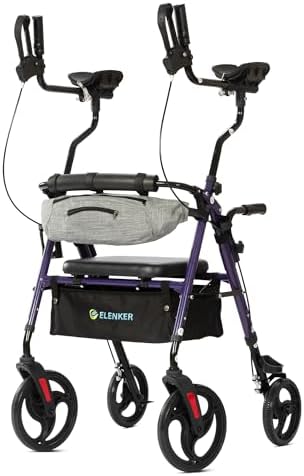ELENKER Upright Rollator Walker, Stand Up Walkers for Seniors with Armrest, Front Pouch, 10”Wheels, Sponge Padded Seat and Backrest, Fully Adjustment Frame, Purple