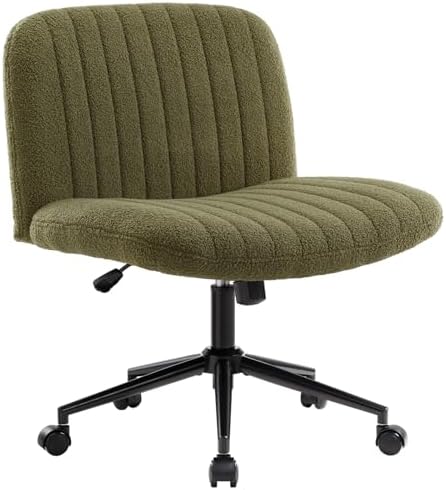 IWMH Armless Wide Seat Office Chair,Criss Cross Legged Desk Chair with Wheels,Height Adjustable Computer Task Chair,Wide Seat Swivel Vanity Chair for Home,Office,Bedroom, Make Up, Teddy Fabric, Green