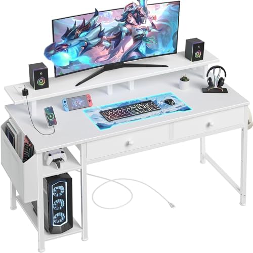 White Computer Desk with Shelves and Drawers - 47 Inch Home Office Desk with Drawers and Shelves, Small White Desk with Shelves, Computer Desk with Monitor Stand, RGB Gaming Desk with Power Outlet